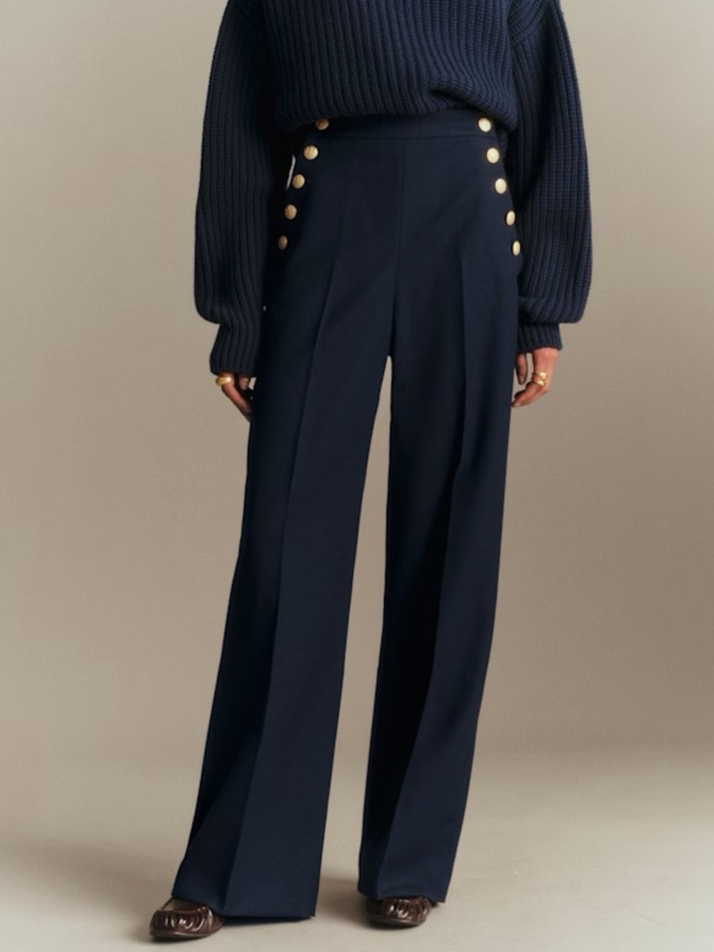 Sezane Marino Trousers High-Rise Navy Wide-Leg Sailor Pants Gold Buttons 36 4 S